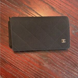 CHANEL Black Quilted Canvas Wallet with Silver CC